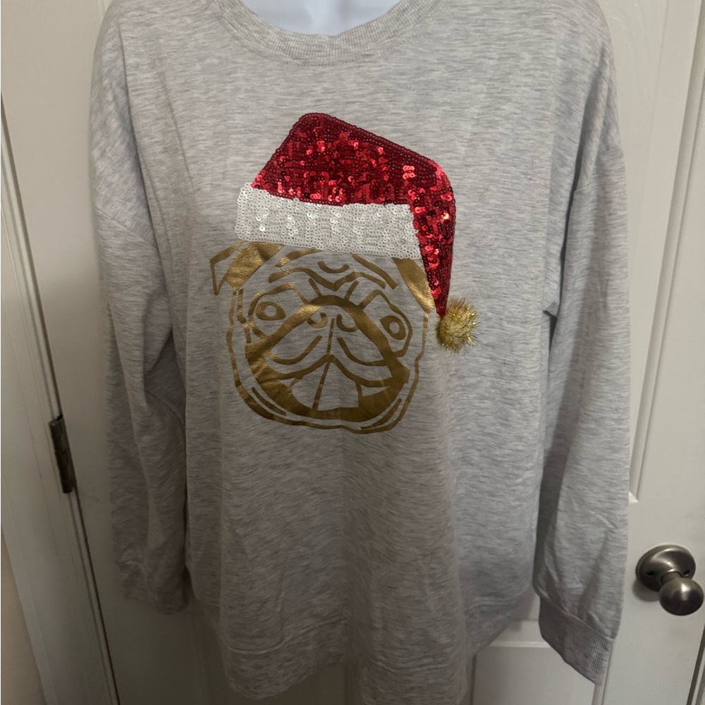 Holiday pug Workshop Sweatshirt With Santa Hat funny gift LRG Womens NWOT Gift